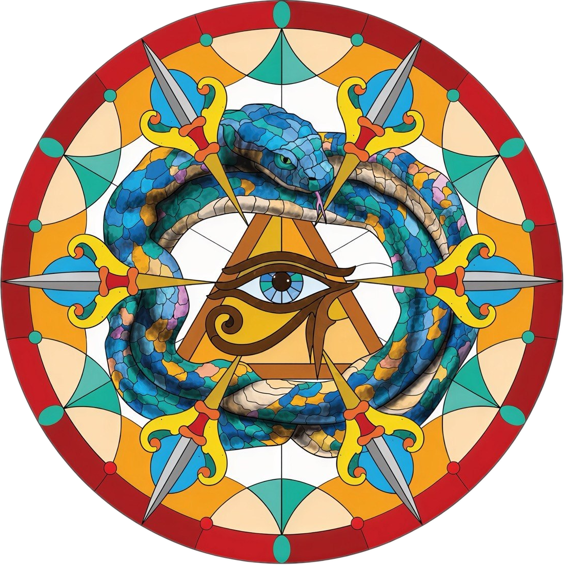 Rose window stained glass — Eye of Horus surrounded by a serpent and six daggers